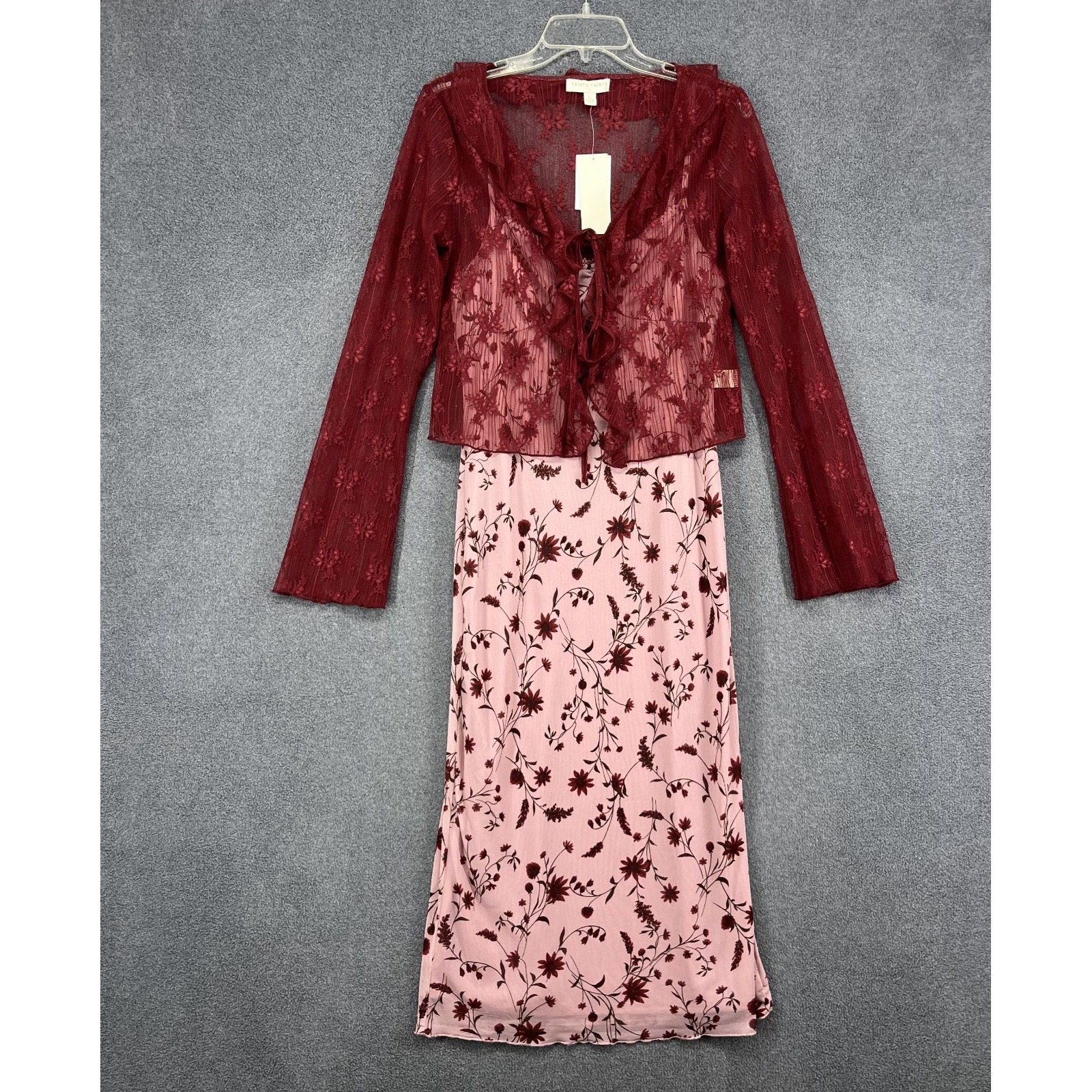 Thirty Thirty Y2k Babydoll Floral Slip Dress Large Pink Mesh Crop Sheer Cardigan